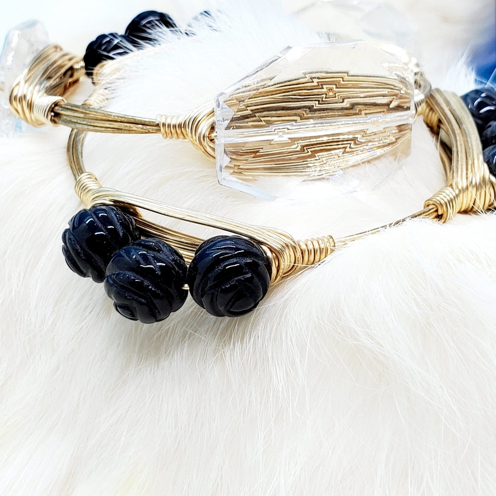 2 goldtone wire wrapped, black & clear, Artisan•